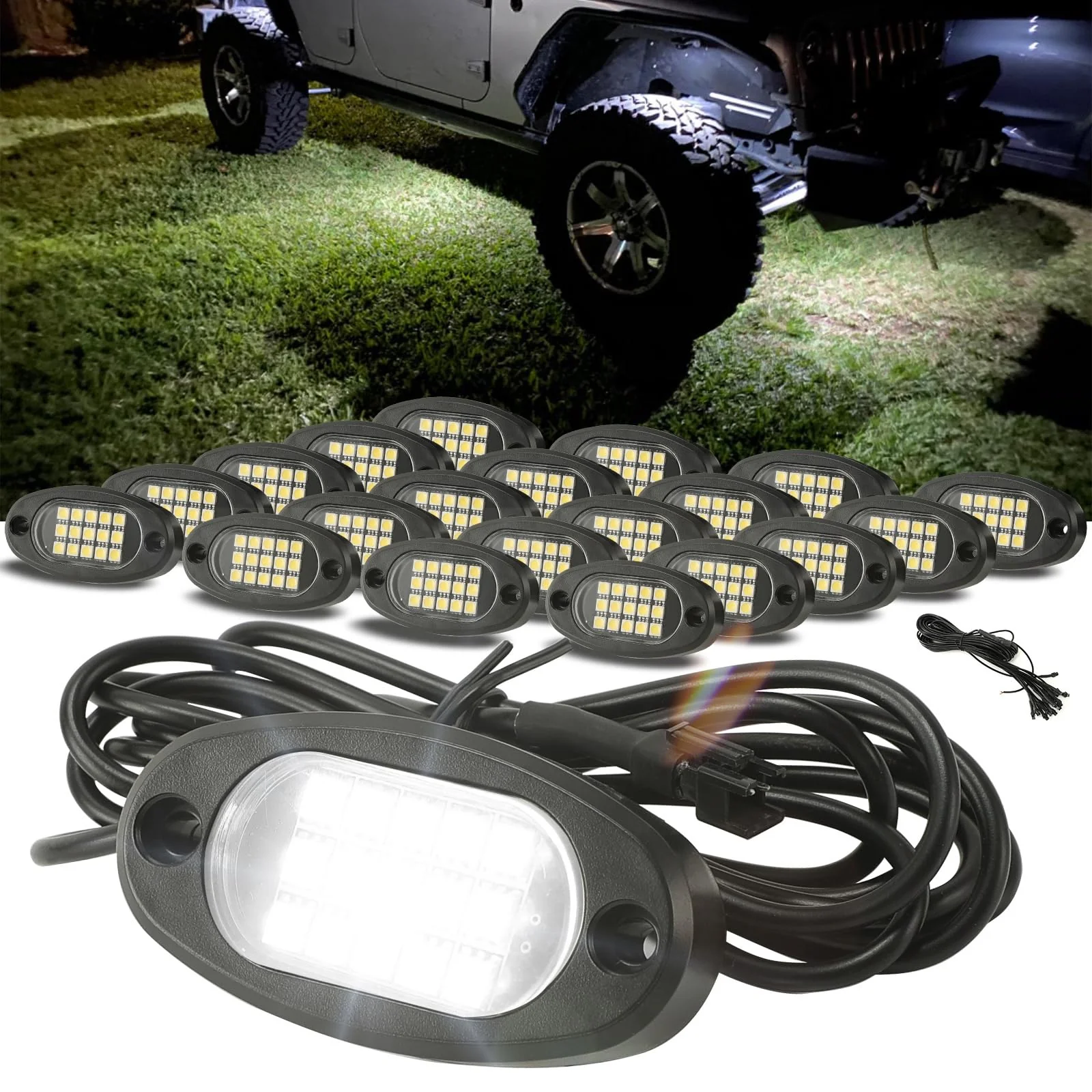 Winunite 20 Pods White Rock Lights with 16.4Ft Extension Wires