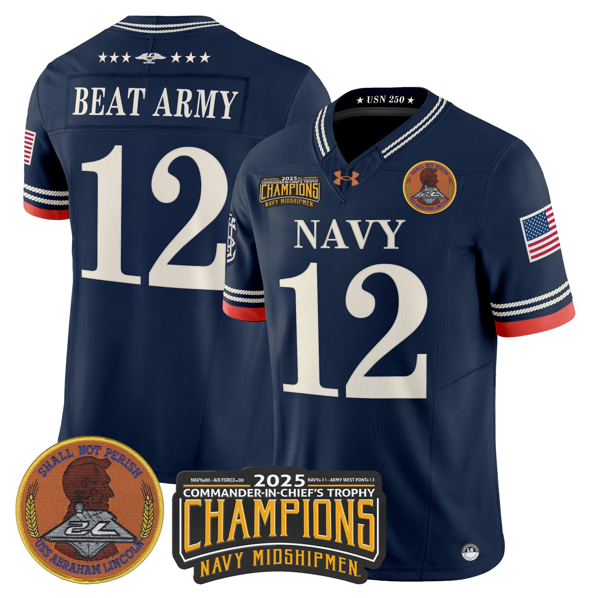 Men's Navy Midshipmen 250th Anniversary Vapor Limited Jersey - 2025 Commander-In-Chief's Trophy Champions Patch - Stitched
