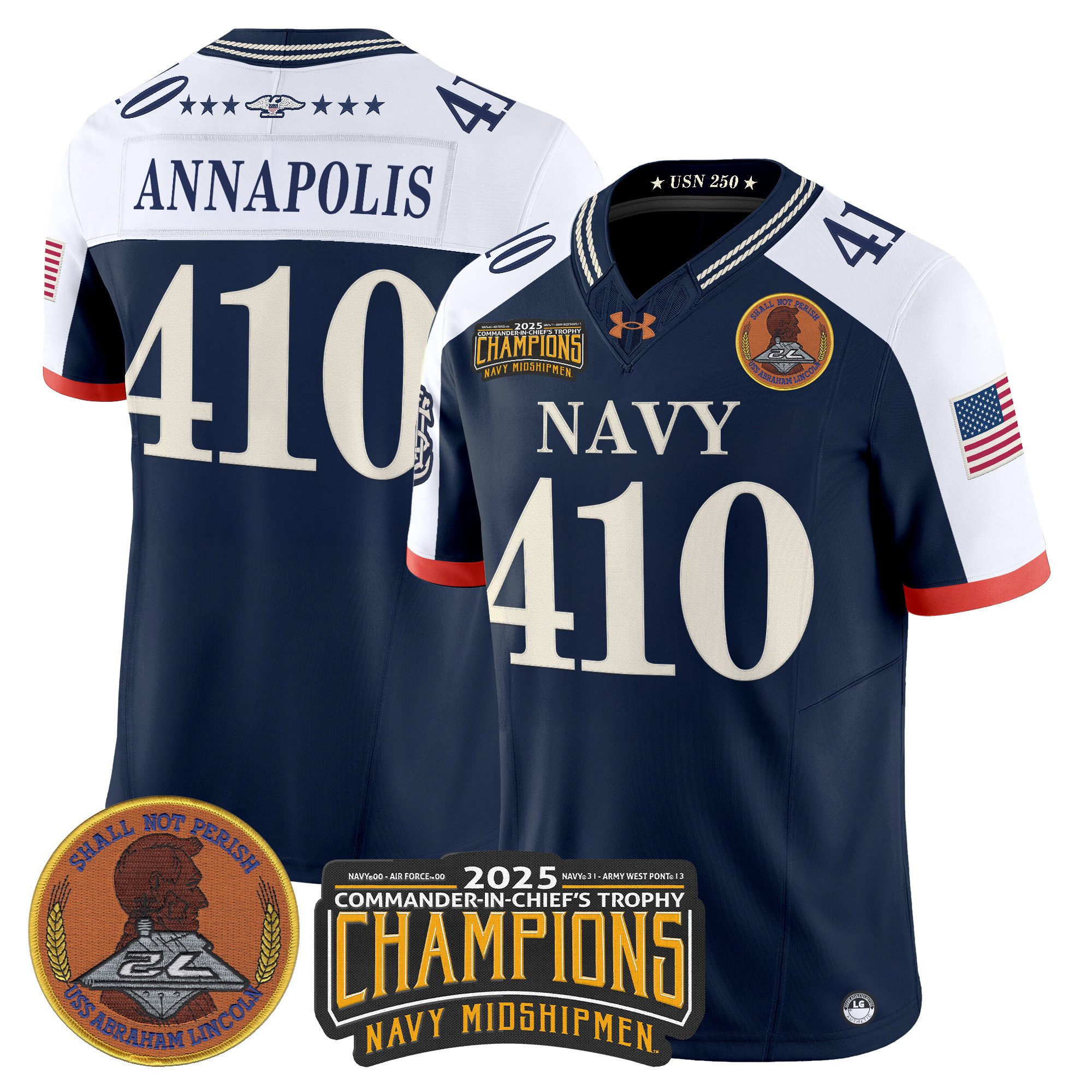 Men's Navy Midshipmen 250th Anniversary Vapor Limited Jersey - 2025 Commander-In-Chief's Trophy Champions Patch - Stitched