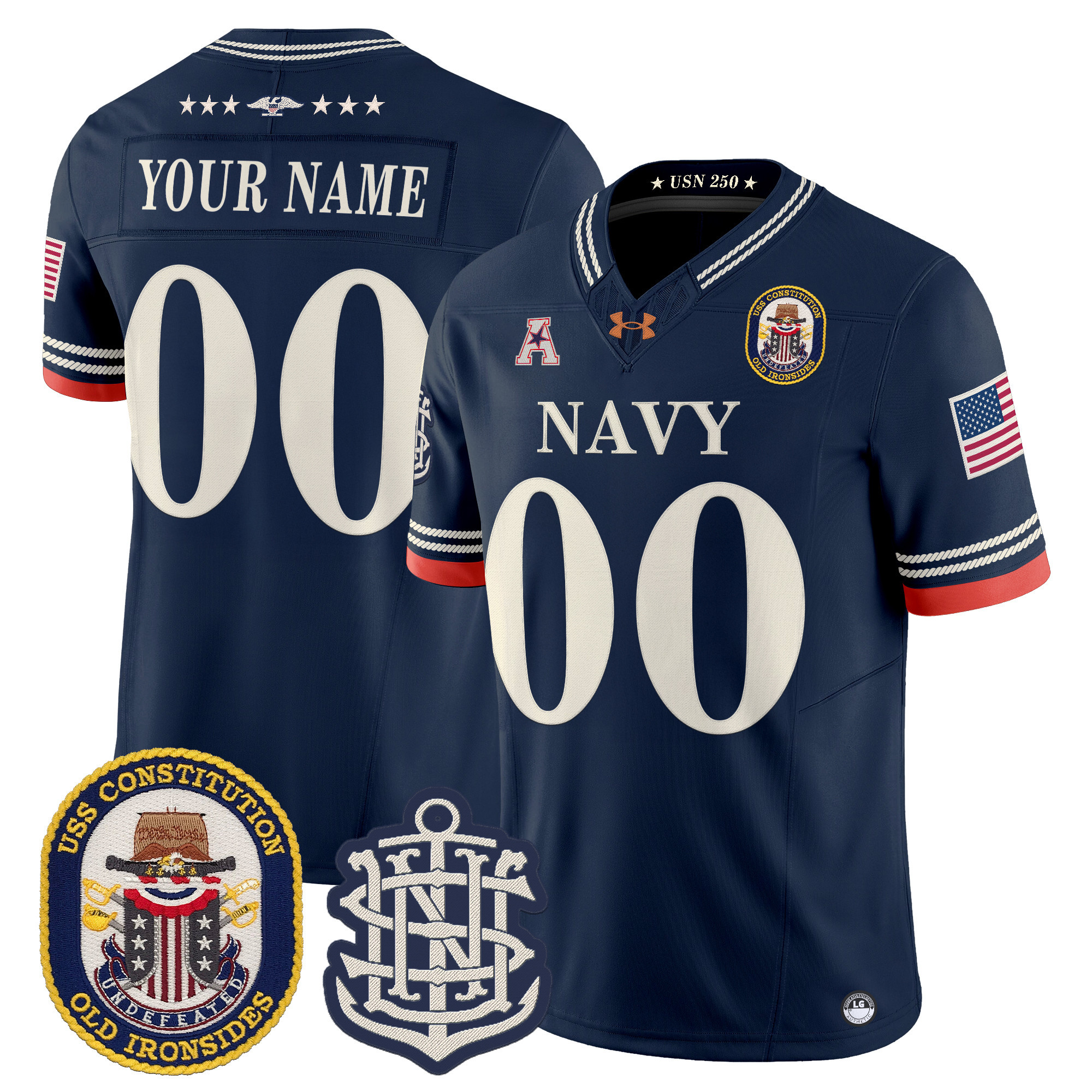 Navy Midshipmen 250th Anniversary Vapor Limited Custom Jersey - USS Constitution Patch - Stitched