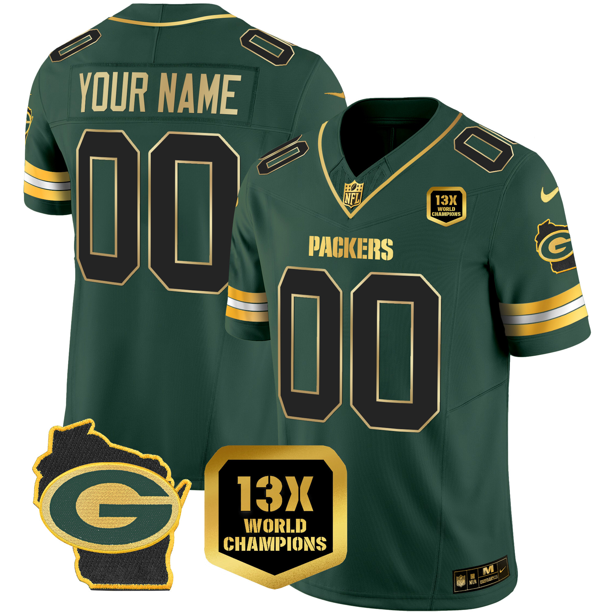 Green Bay Packers 13x Time World Champions Patch Gold Limited Custom Jersey ï¿½ All Stitched