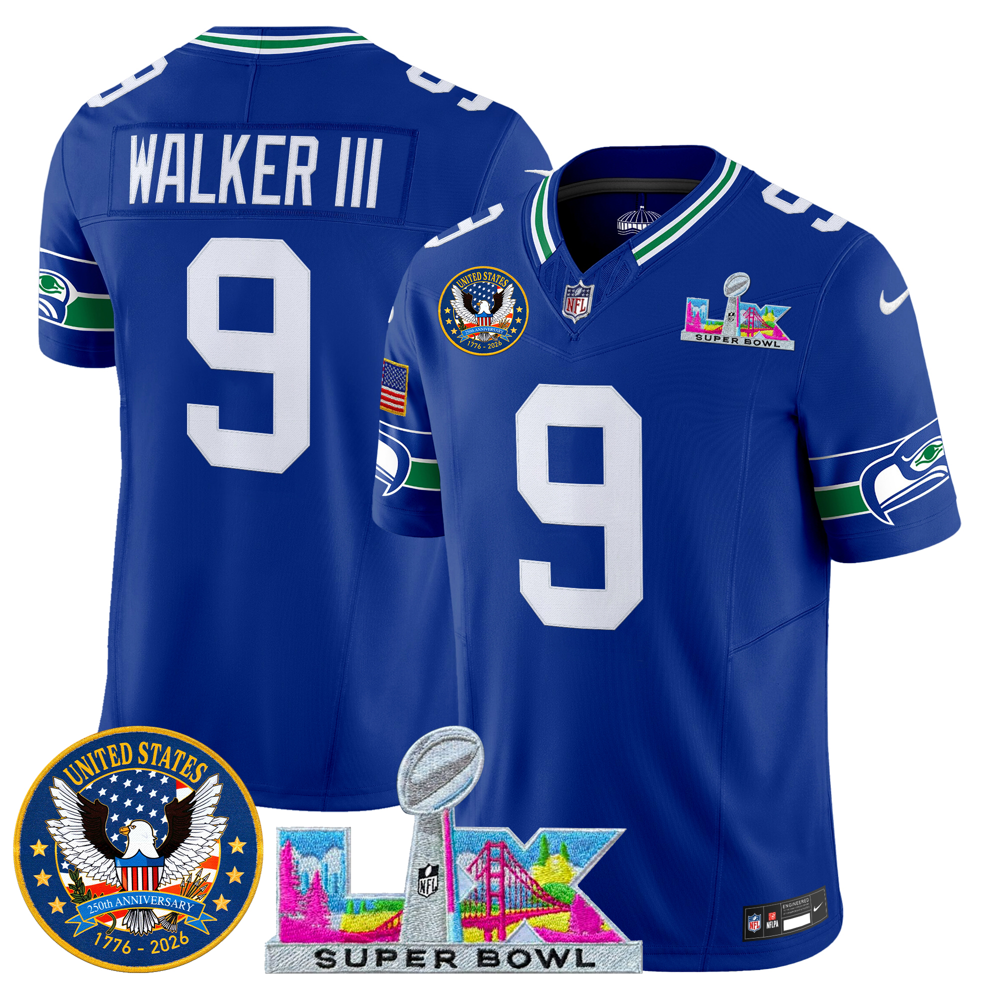 Men's Seattle Seahawks "Super Bowl LX & United States 250th Patch" Vapor Limited Jersey - All Stitched