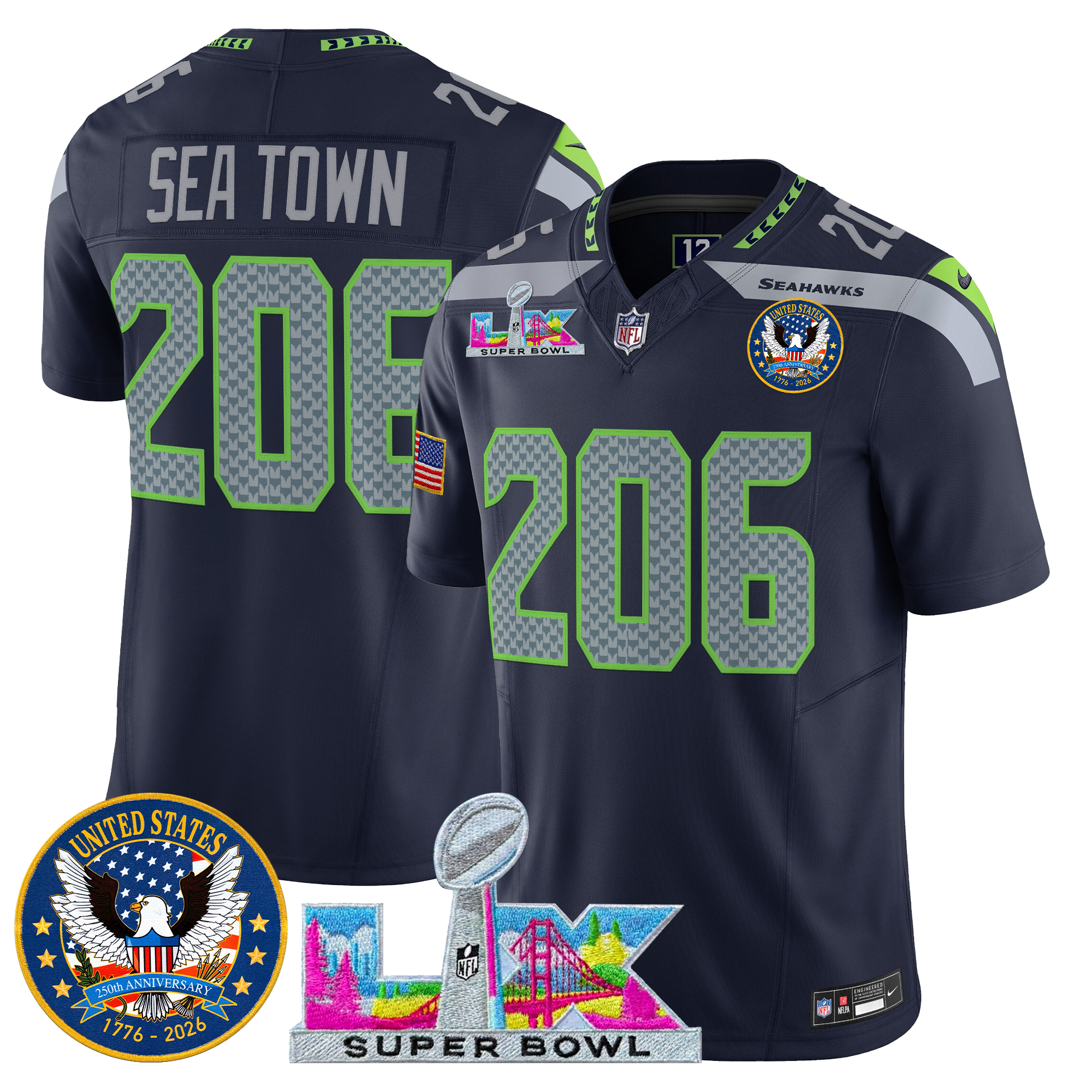 Men's Seattle Seahawks "Super Bowl LX & United States 250th Patch" Vapor Limited Jersey - All Stitched