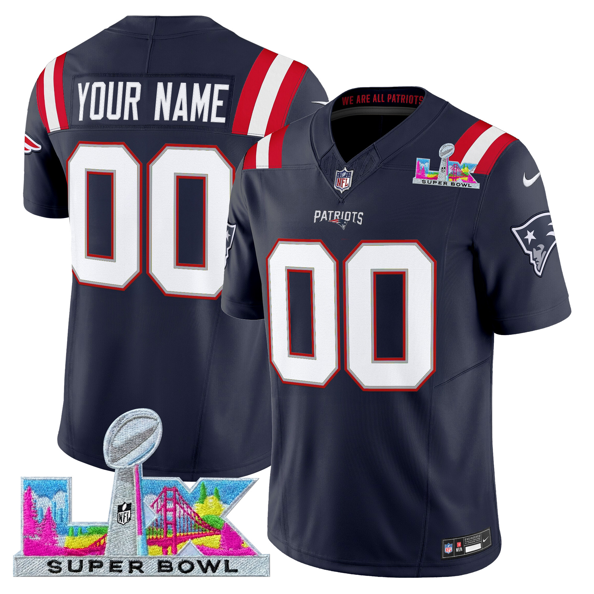 New England Patriots Super Bowl LX Vapor Limited Custom Jersey - All Stitched